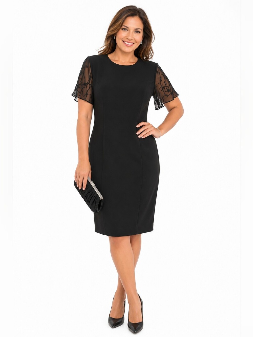 Donna Morgan Sheath Dress Size 14 Black Beaded Sheer Sleeve Cocktail